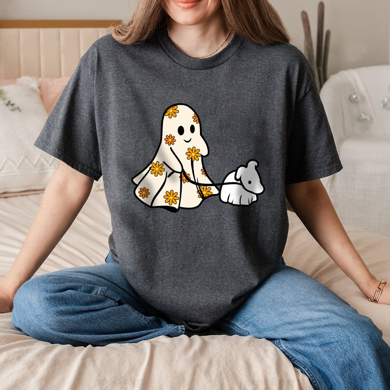 Petthouse | Funny Halloween Ghost Dog Walker Shirt, Cute Spooky Dog Shirt, Ghost And Dog Walking