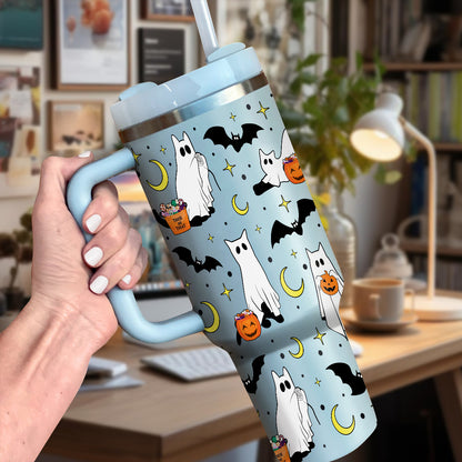 Petthouse | Сute Ghost Cat Tumbler 40oz, Halloween Ghost Cat Tumbler, Spooky Black Cat Stainless Steel Cup, Cat Lovers