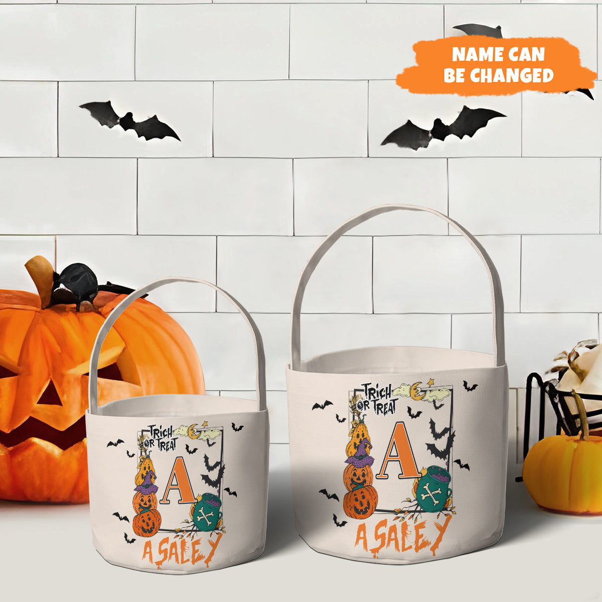 Petthouse | Custom Name Halloween Candy Bag For Kids, Fabric Basket, Pumpkin Trick Or Treat Bucket For Kids