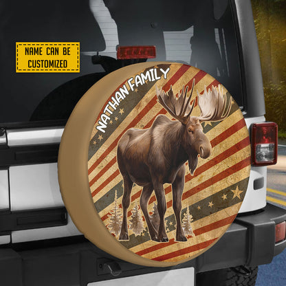 Petthouse | Customized Moose In The Wild On Grunge Stylized American Flag Spare Tire Cover Vintage Moo Hunting