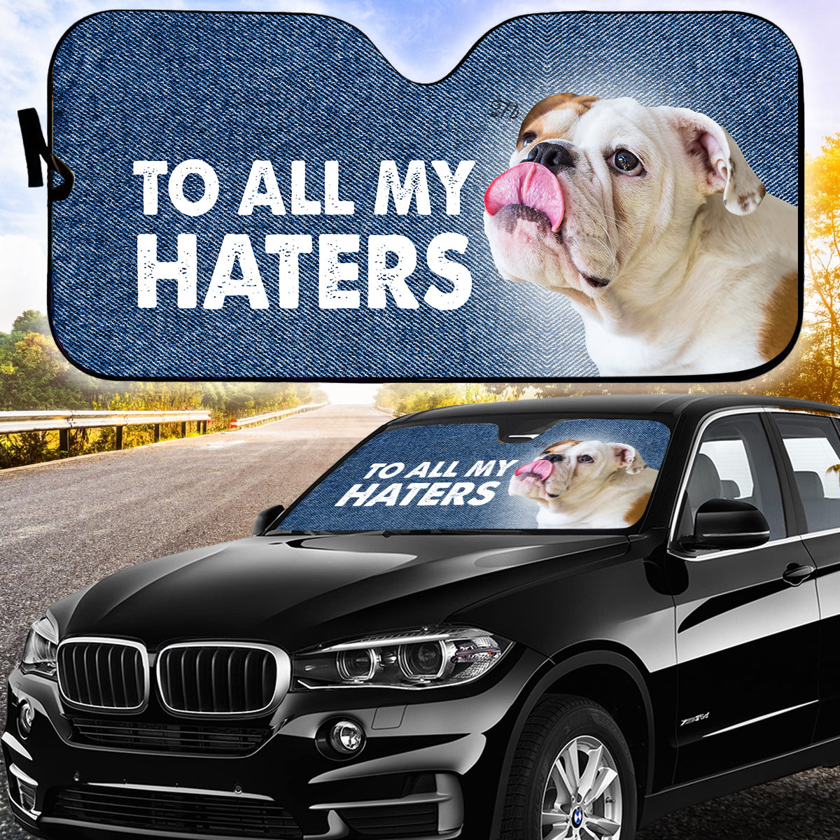 Petthouse | English Bulldog Sun Shade To All My Haters Auto Sun Shade Sticking Out Dog Sun Shade