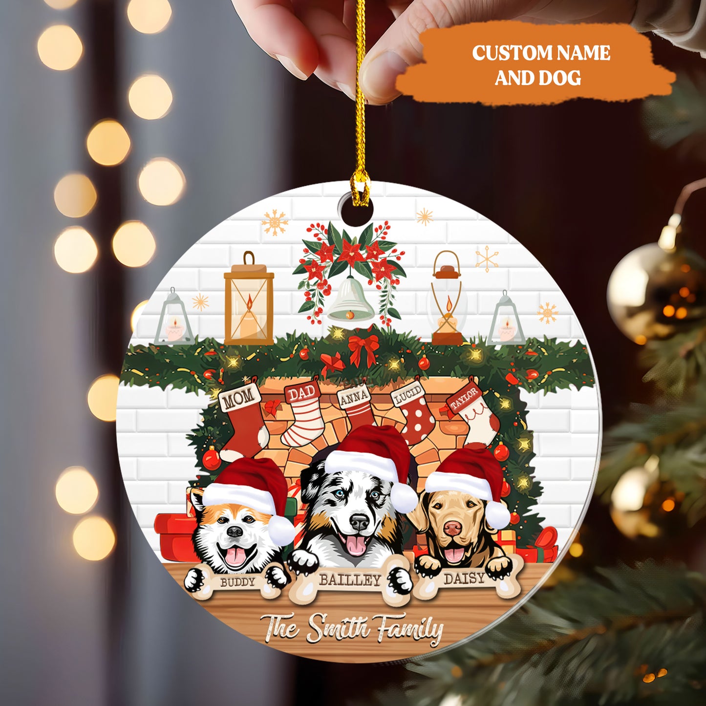 Petthouse | Custom Pet Family Christmas Ornaments, Family Acrylic Ornament With Pets, Fireplace With Family