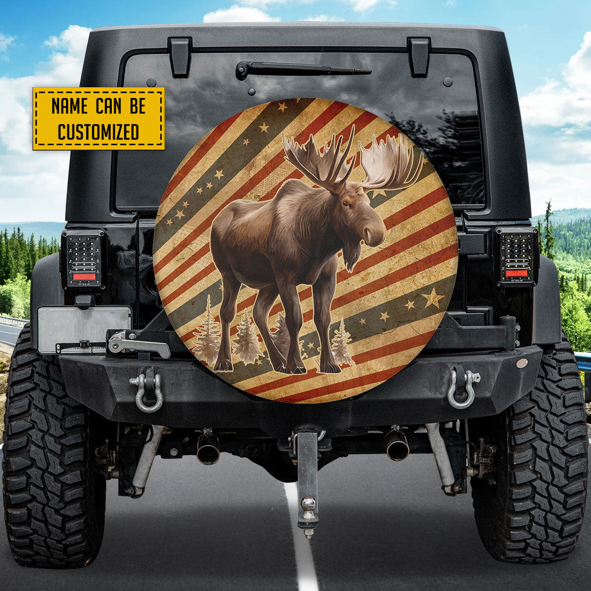 Petthouse | Customized Moose In The Wild On Grunge Stylized American Flag Spare Tire Cover Vintage Moo Hunting