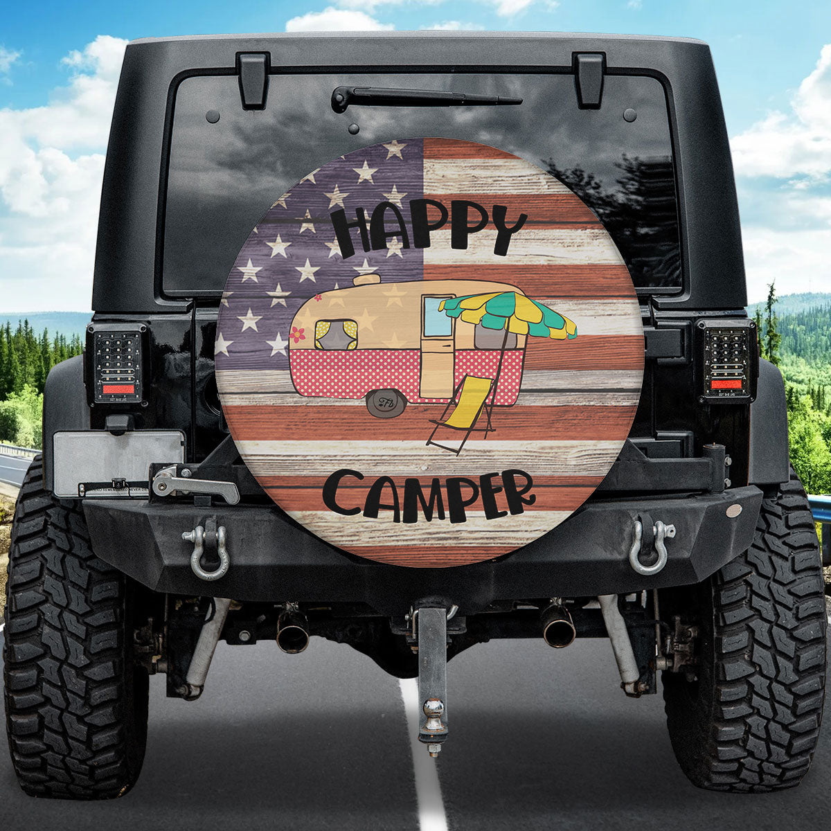 Petthouse | Happy Camper Spare Wheel Tire Cover Caravan Camping Trailer Wheel Cover Grunge American Flag