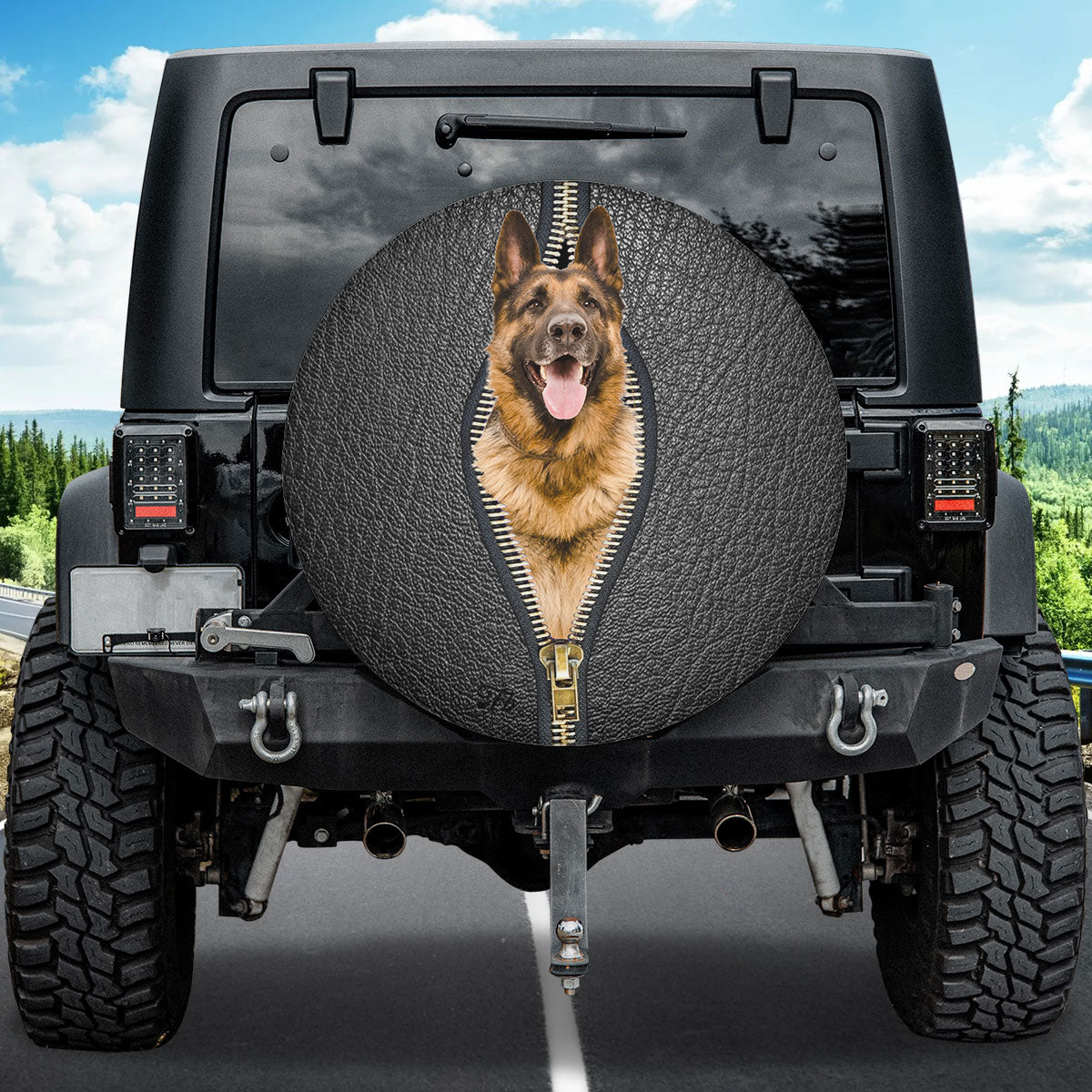 Petthouse | German Shepherd Through Hole Camper Tire Cover Dog Leather Print Spare Tire Cover Black Dog Dad Car