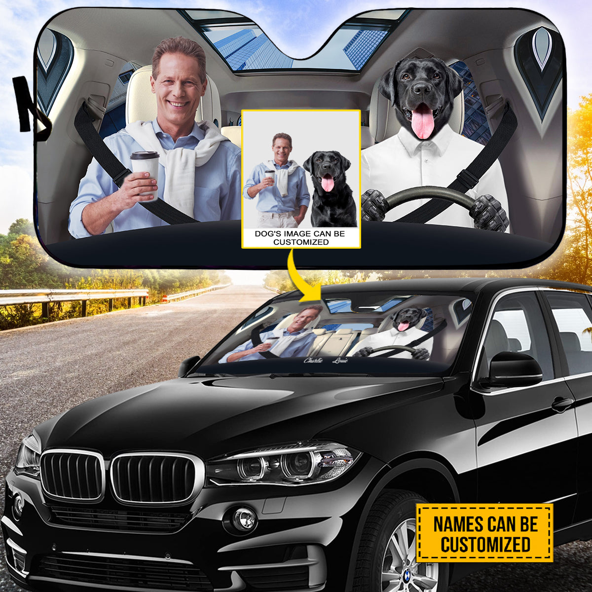 Petthouse | Dog Boss Customized Windshield Sun Shade With Photo Go To Work With Pet Auto Shade Protector Fun