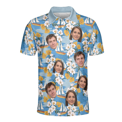 Petthouse | Customized Picture Island Tropical Ocean Sail Boat Hibiscus Seamless Pattern Polo Shirt Summer Vacation