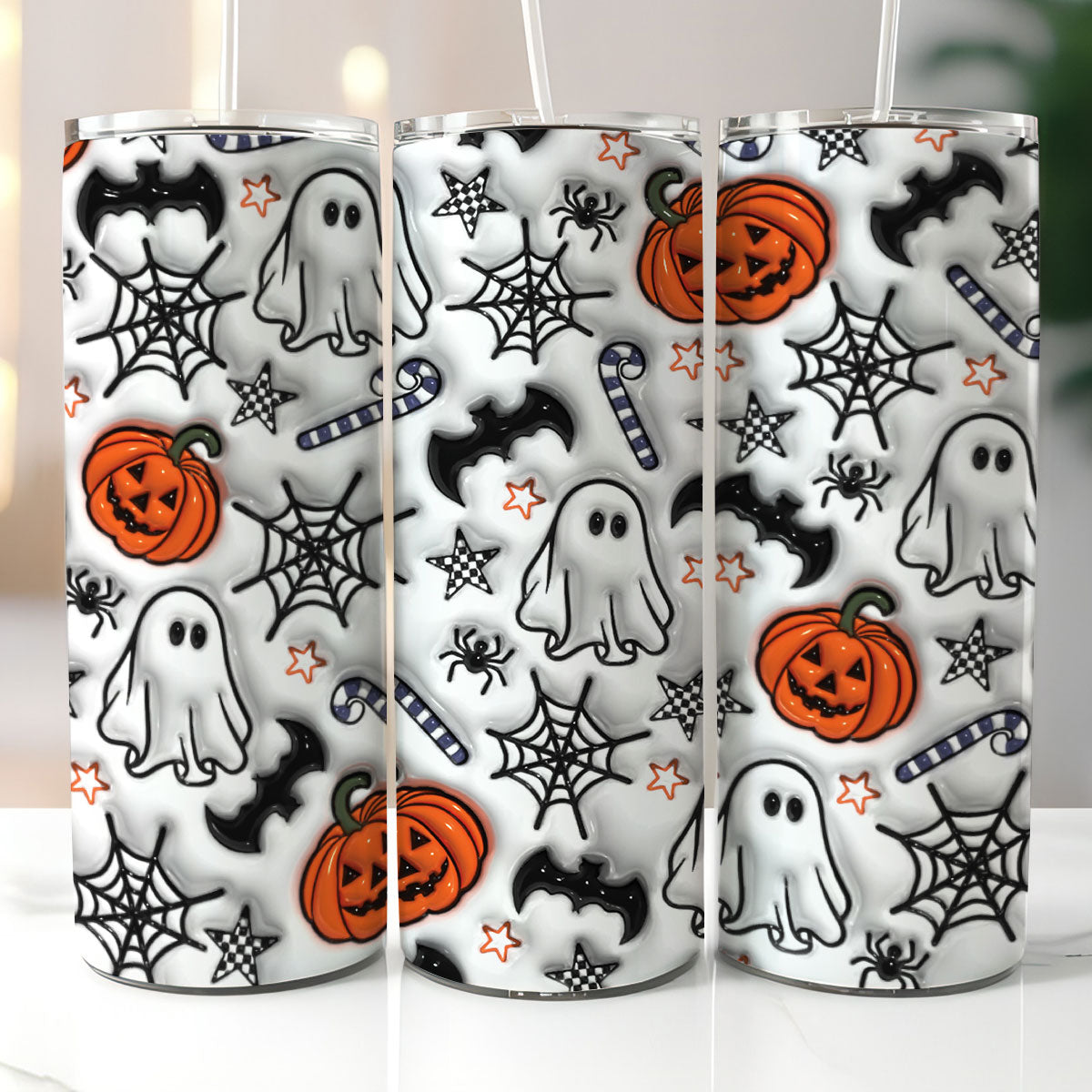 Petthouse | Cute Spooky Inflated 3D Skinny Tumbler, Spooky Ghosts And Pumpkins Cup Halloween Tumbler