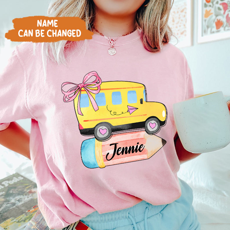 Petthouse | Personalized School Bus With Name Bow Shirt, Coquette Back To School Shirt, School Girl