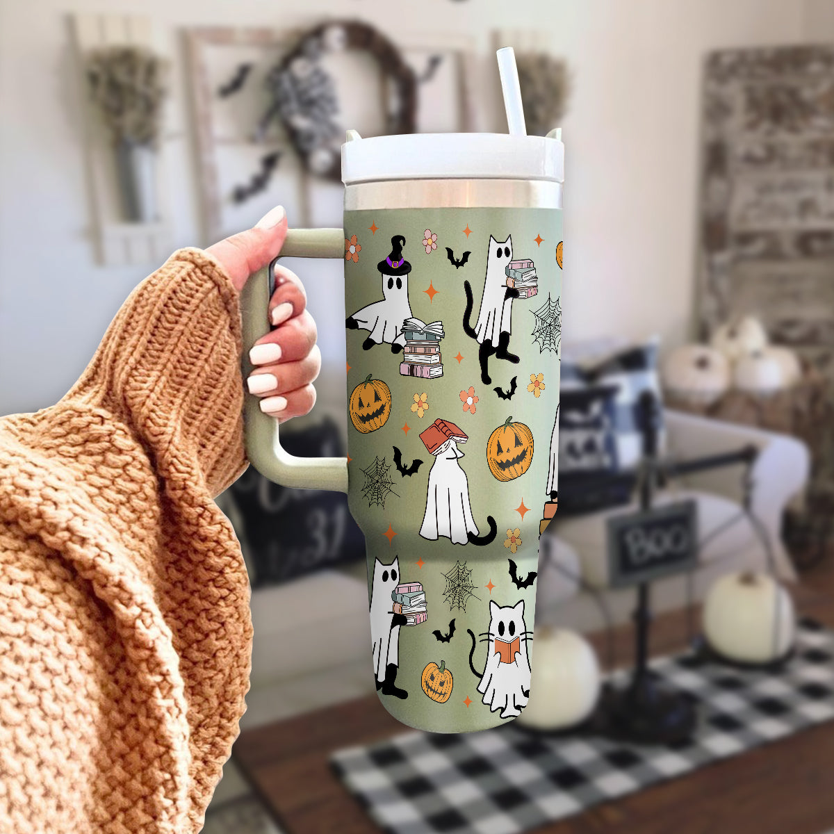 Petthouse | Halloween Cat Ghost Reading 40oz Tumbler, Spooky Cat Bookish Stainless Steel Tumbler, Ghost Cat