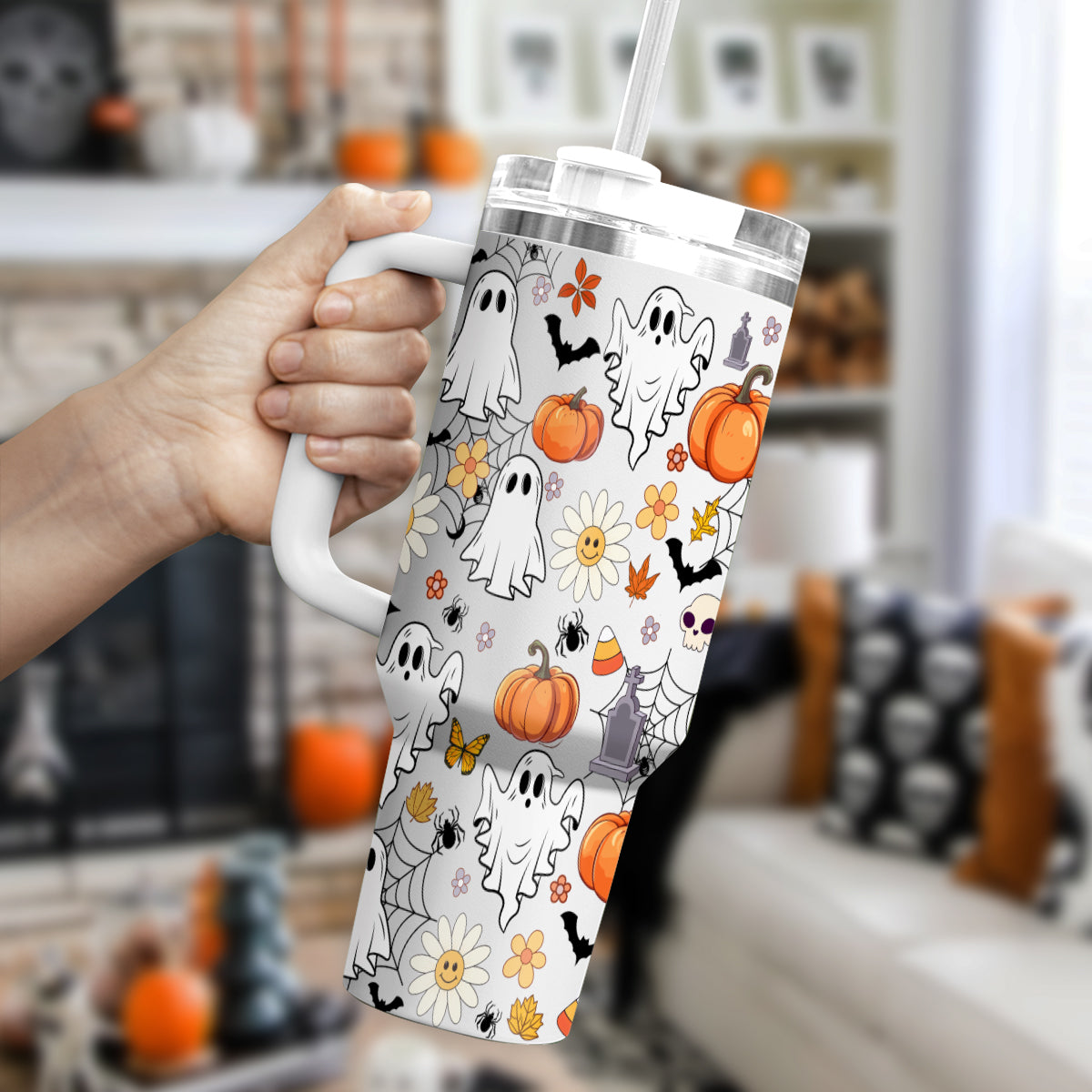 Petthouse | Retro Halloween Doodles 40oz Tumbler, Ghost Spooky Season, Haunted Ghost Pumpkin Spooky