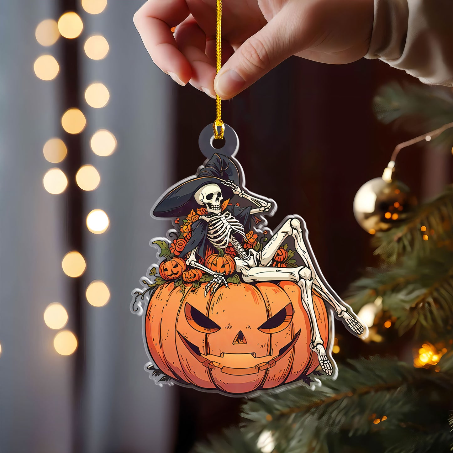 Petthouse | Happy Halloween Skeleton Ornament, Pumpkin Witch Acrylic Ornament Window Hanging, Gift Halloween