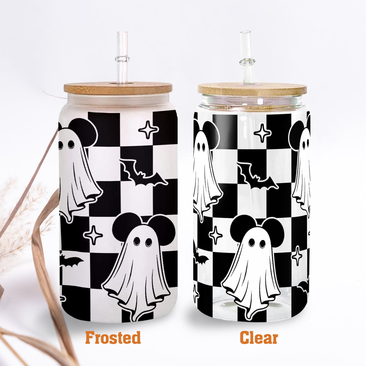 Petthouse | Ghost Mouse Halloween Glass Can, Halloween Mouse Glass Can Wrap, Checkered Ghost, Checkerboard