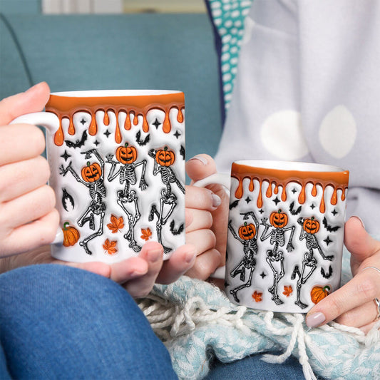 Petthouse | Dancing Skeleton Pumpkin Inflated 3d Mug, Spooky Season, Spooky Vibes Skeleton Dancing