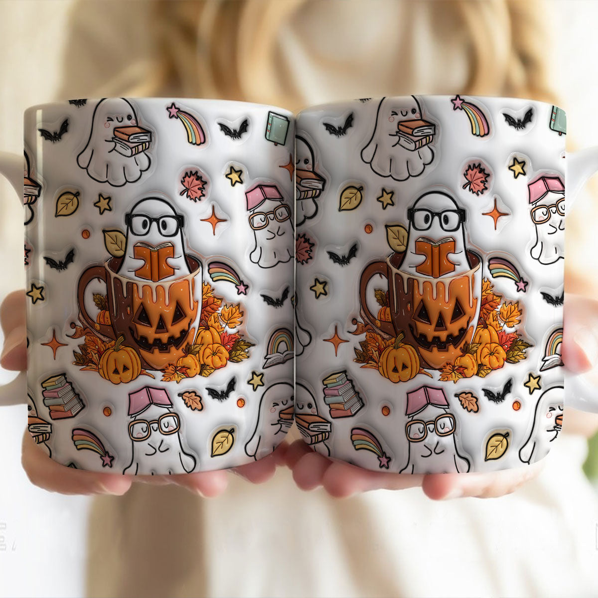 Petthouse | Bookish Ghost Pumpkin Inflated 3d Mug, Ghost Book Halloween Autumn Vibes, Ghost Reading Book