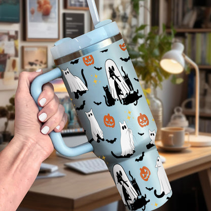 Petthouse | Сute Ghost Cat Halloween Tumbler 40oz, Ghost Cat, Spooky Black Cat Stainless Steel Cup