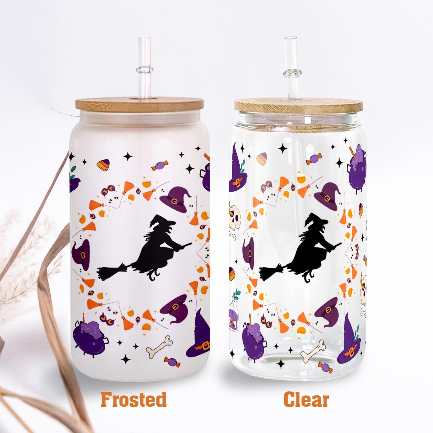 Petthouse | Halloween Vibes Glass Can, Witch Halloween Glass Cup, Cute Ghost Ice Coffee Cup, Halloween Gift