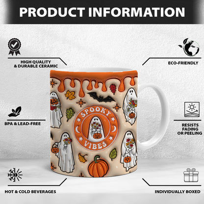 Petthouse | Ghost Spooky Vibes Ceramic Mug, 3d Inflated Halloween Ghosts Mug, Spooky Vibes Ghost