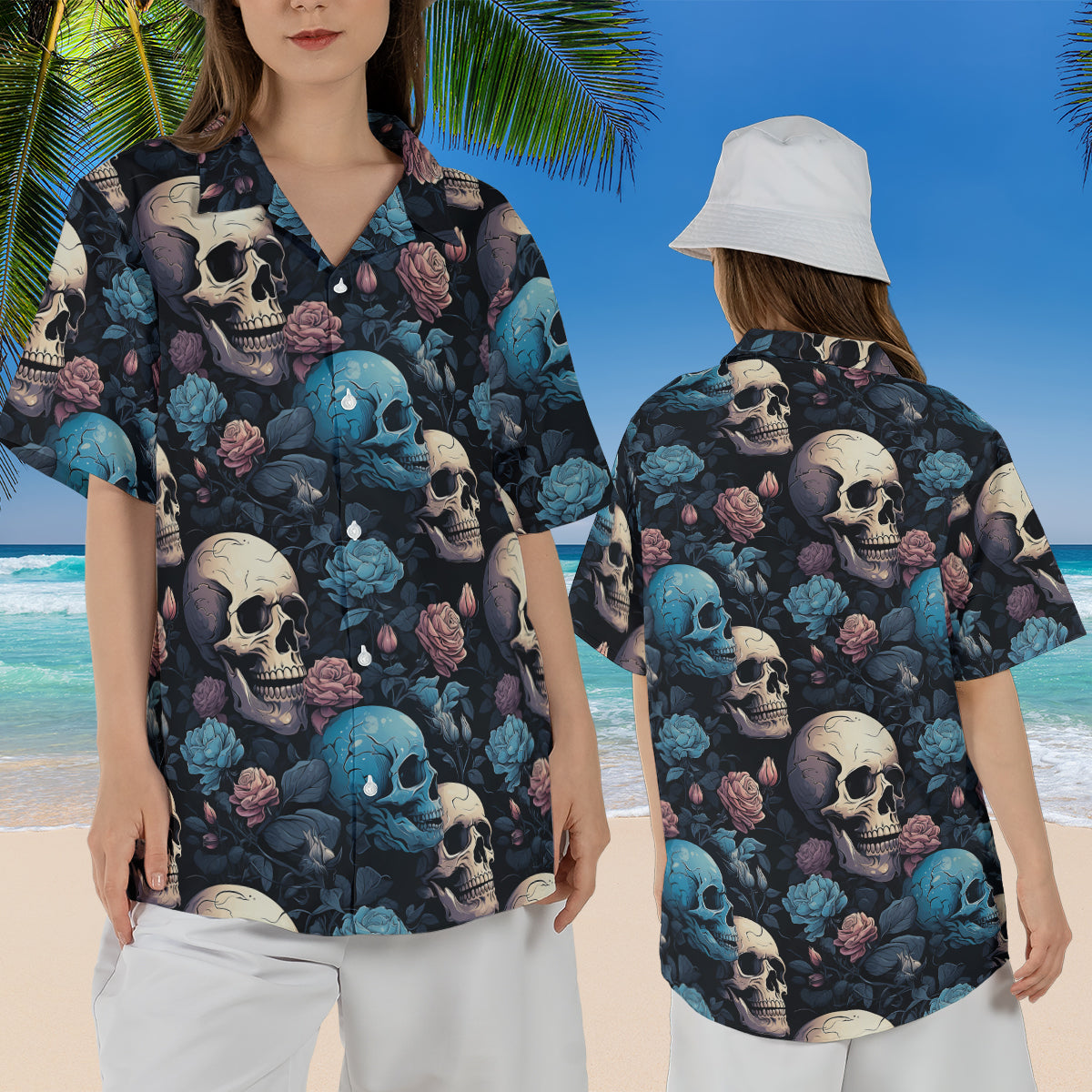 Petthouse | Skull Floral Hawaiian Shirt, Skull Summer, Skull Skeleton Tropical Floral For Beach Gift