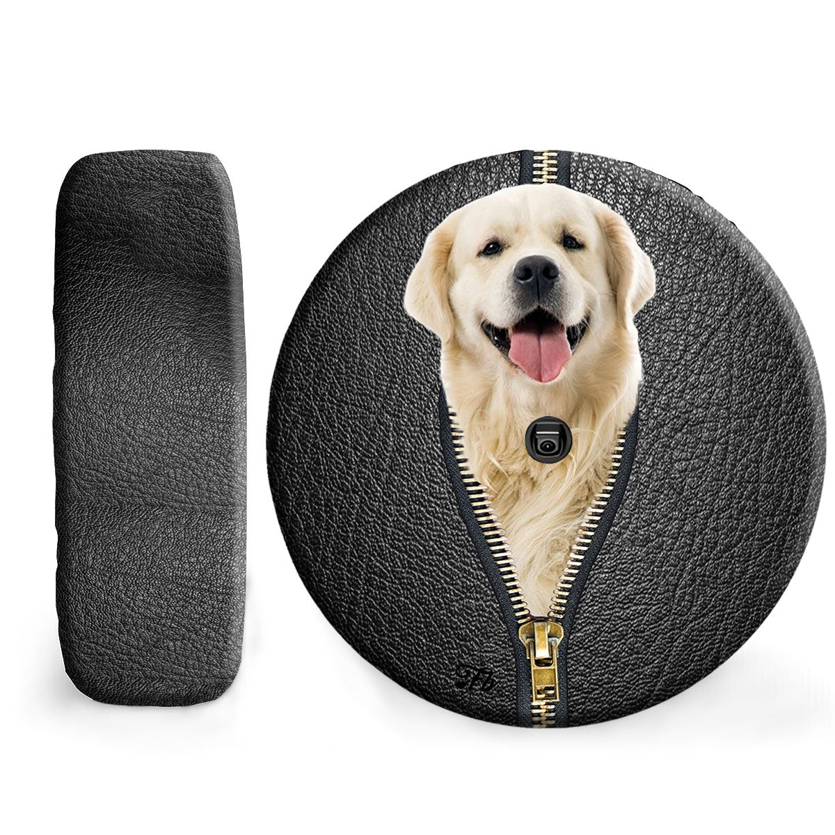 Petthouse | Golden Retriever Black Leather Zipper Spare Tire Cover Dog Cute Spare Wheel Cover Waterproof