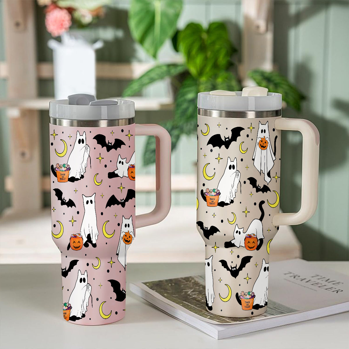 Petthouse | Сute Ghost Cat Tumbler 40oz, Halloween Ghost Cat Tumbler, Spooky Black Cat Stainless Steel Cup, Cat Lovers