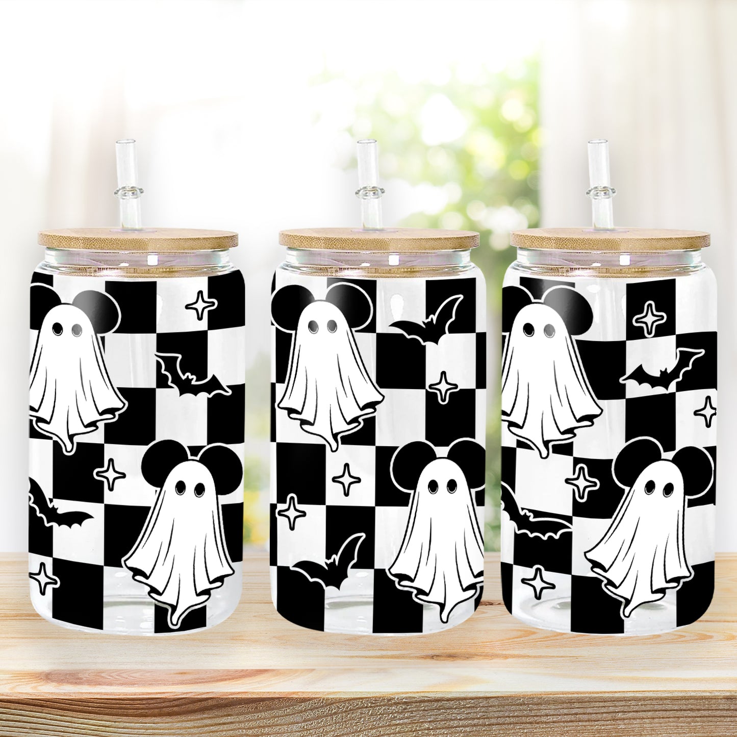 Petthouse | Ghost Mouse Halloween Glass Can, Halloween Mouse Glass Can Wrap, Checkered Ghost, Checkerboard