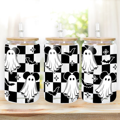 Petthouse | Ghost Mouse Halloween Glass Can, Halloween Mouse Glass Can Wrap, Checkered Ghost, Checkerboard