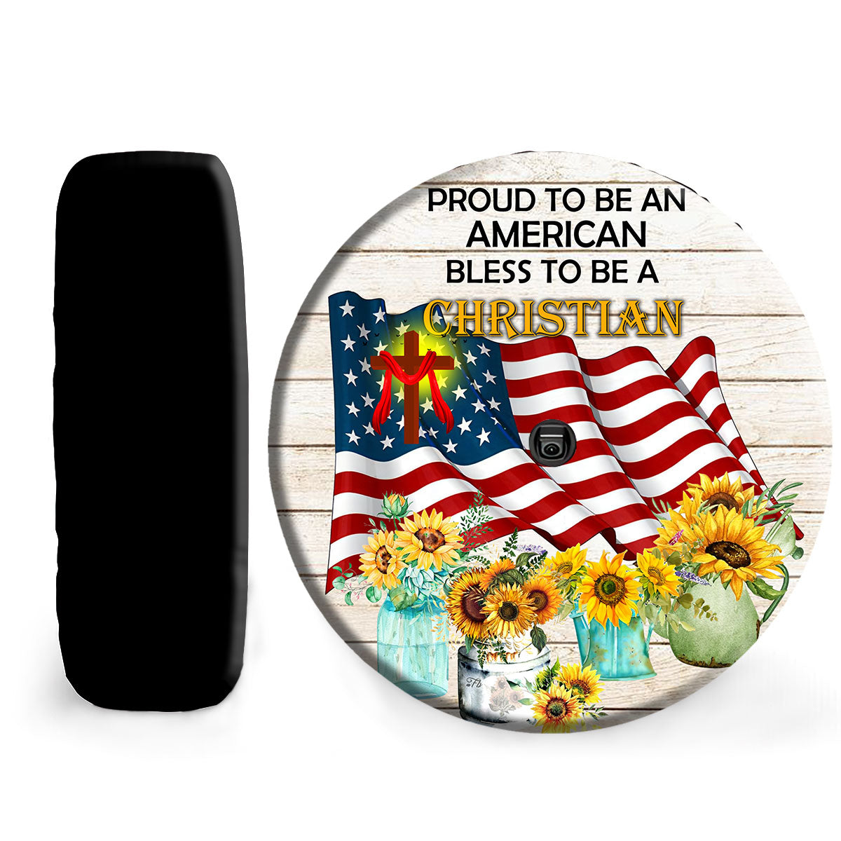 Petthouse | Sunflower American Flag Custom Tire Cover Jesus Catholic Proud To Be American Spare Tire Cover