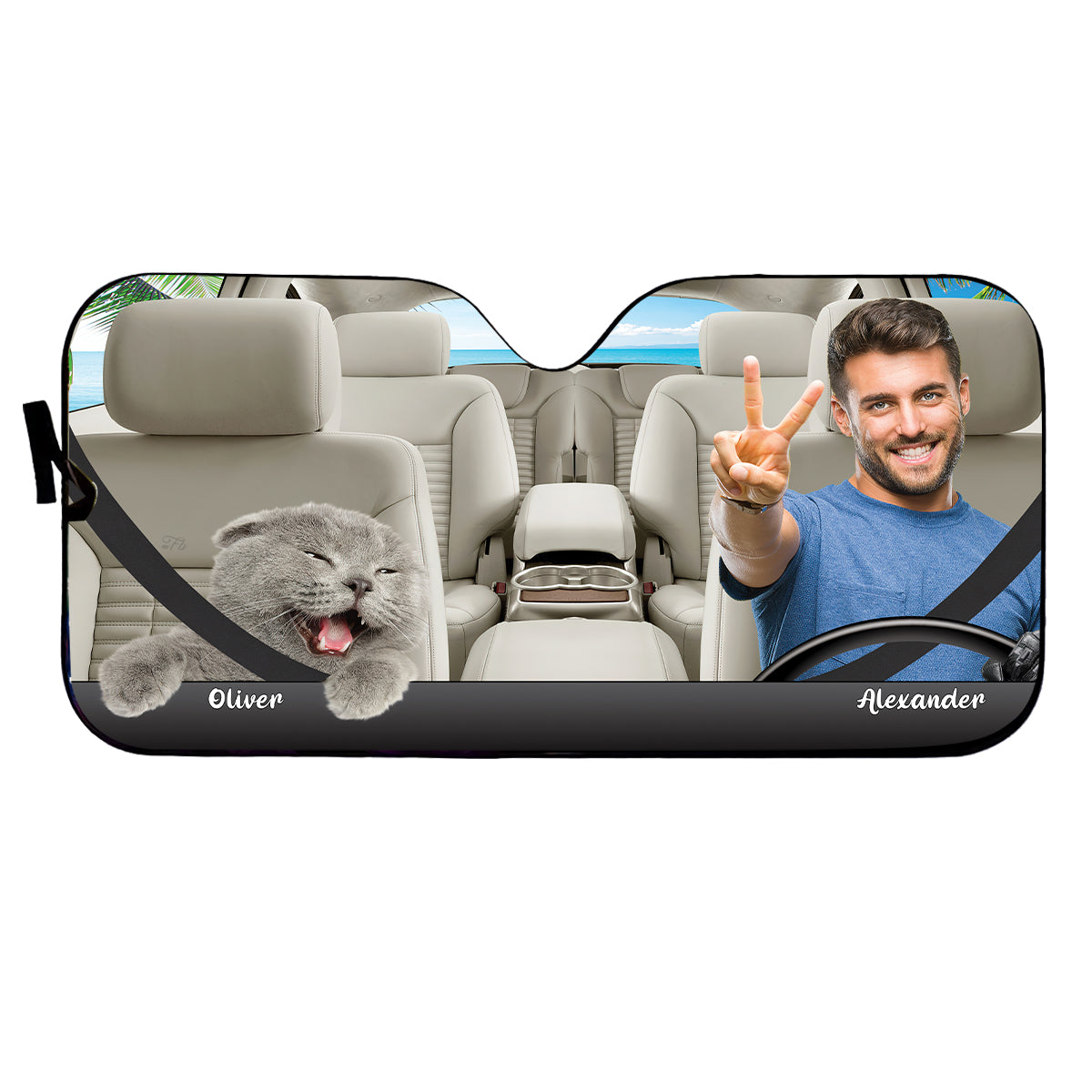 Petthouse | Car Sun Shade Windshield Custom Windshield Sun Shade Funny Cat And Man Go To Beach Together