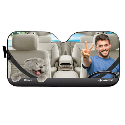 Petthouse | Car Sun Shade Windshield Custom Windshield Sun Shade Funny Cat And Man Go To Beach Together