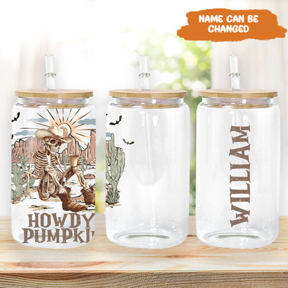 Petthouse | Personalized Skeleton Cowboy Howdy Pumpkin Glass Can, Western Cowboy Coffee Cup, Spooky Skeleton