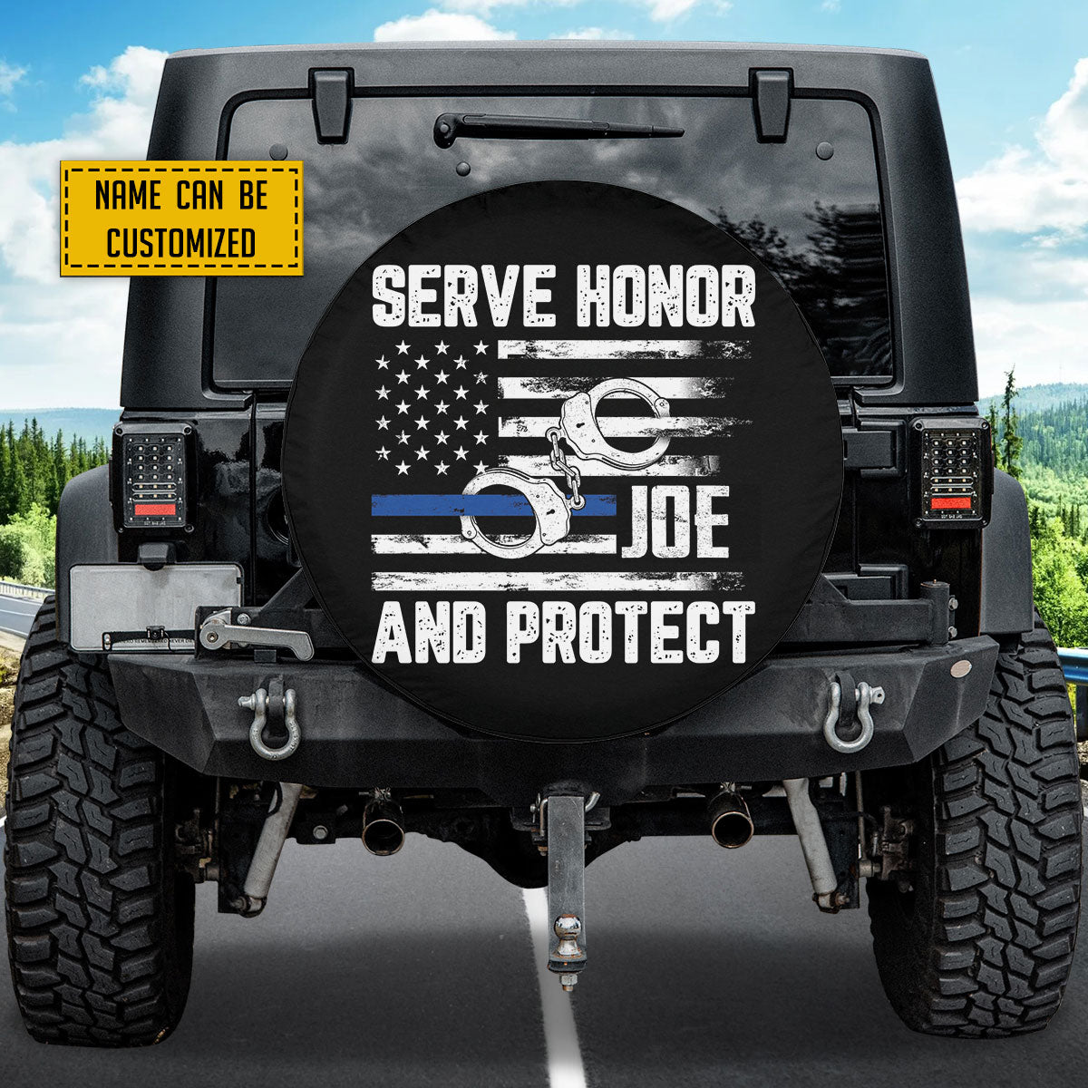 Petthouse | Customized Name Police Serve Honor Flag And Cuffs Spare Tire Cover Patriot Police American Tire