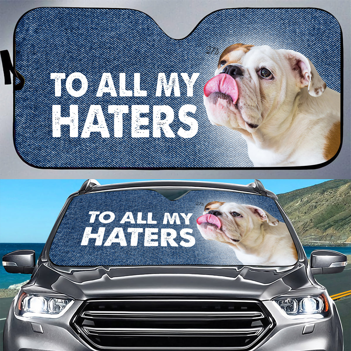 Petthouse | English Bulldog Sun Shade To All My Haters Auto Sun Shade Sticking Out Dog Sun Shade