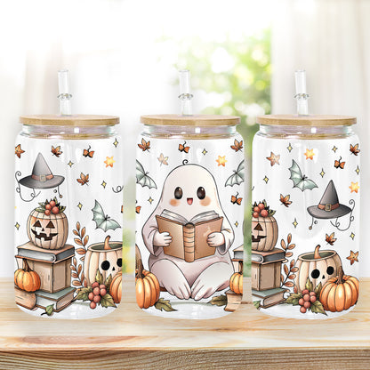 Petthouse | Bookish Ghost Glass Can, Ghost Halloween Glass, Ghost Cute Book Iced Coffee Cup, Cute Reader