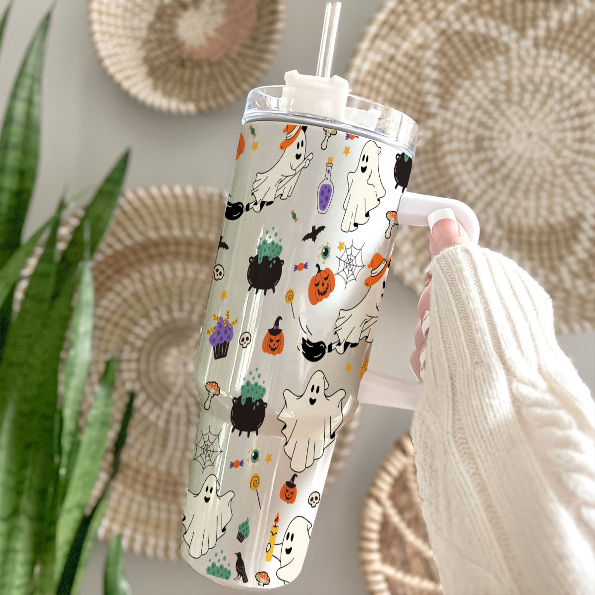 Petthouse | Ghost Halloween Retro Tumbler 40oz Tumbler, With Handle And Straw, Retro Ghosts, Spooky Season