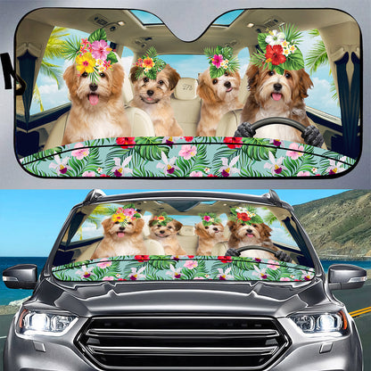 Petthouse | Havanese Dog Driving A Car Windshield Sun Shade Hello Summer Sun Visor For Car Hibicus