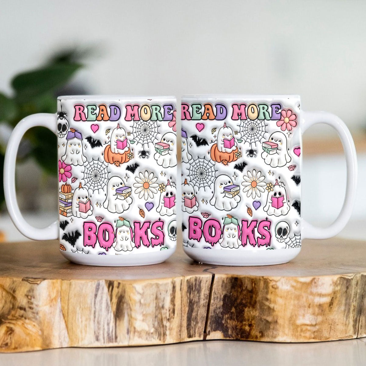 Petthouse | Inflated Book Lover Halloween Mug, Spooky Teacher Mug, Ghost Book Nerd Mug, Reading Books