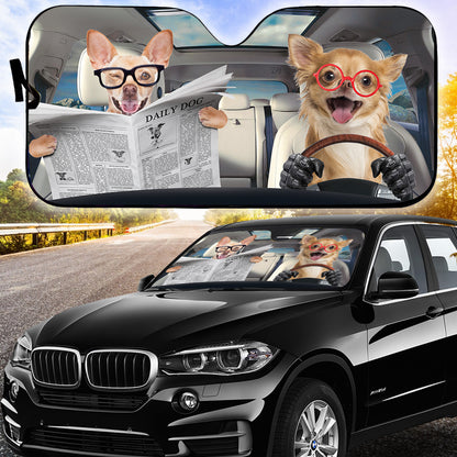 Petthouse | Windshield Sun Shade Funny Chihuahua Reading Newspaper Sunshades For Car Sun Visor For Car