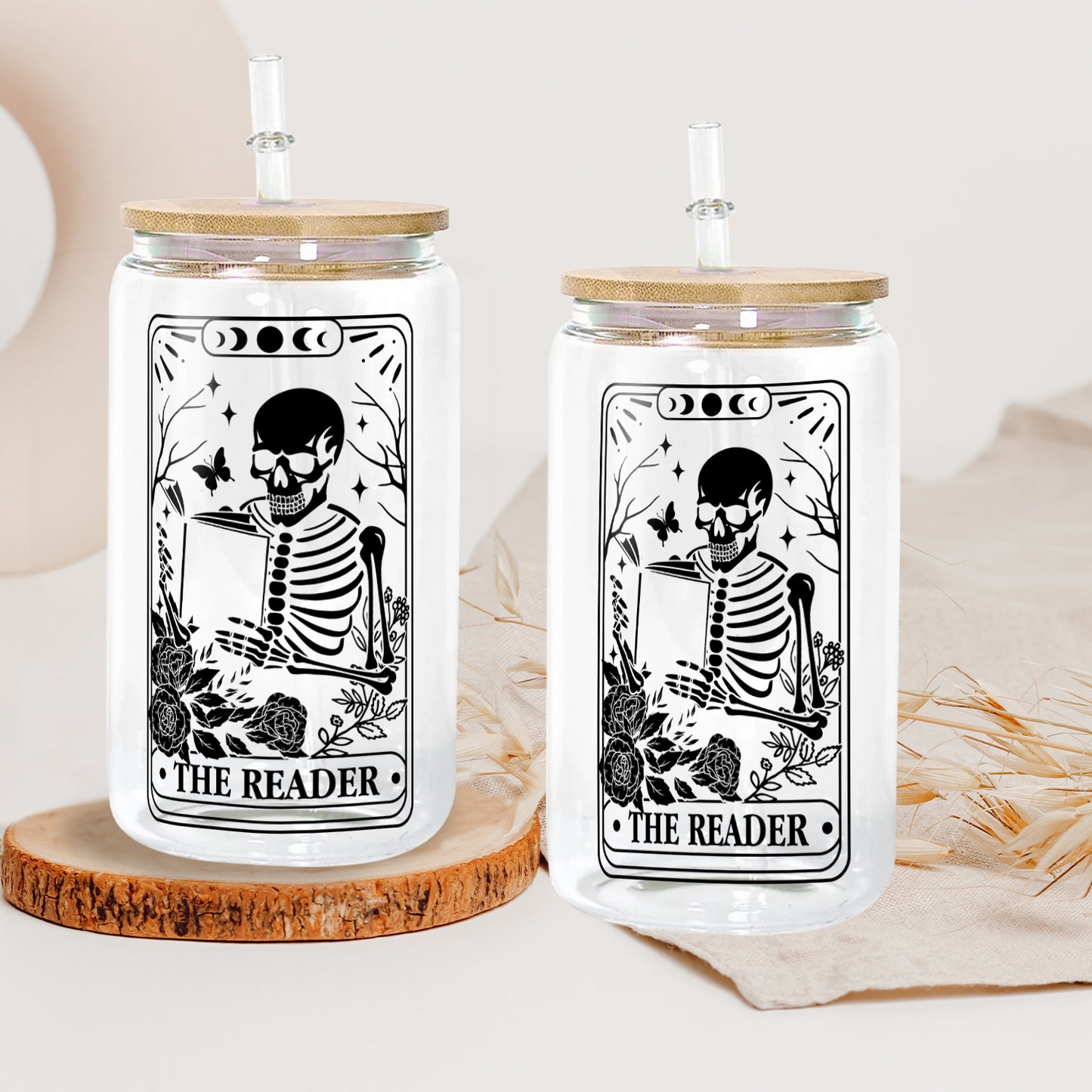 Petthouse | Skeleton Reading Glass Cup, The Reader Tarot Glass Can, Book Lover Gift, Tarot Lover Gift