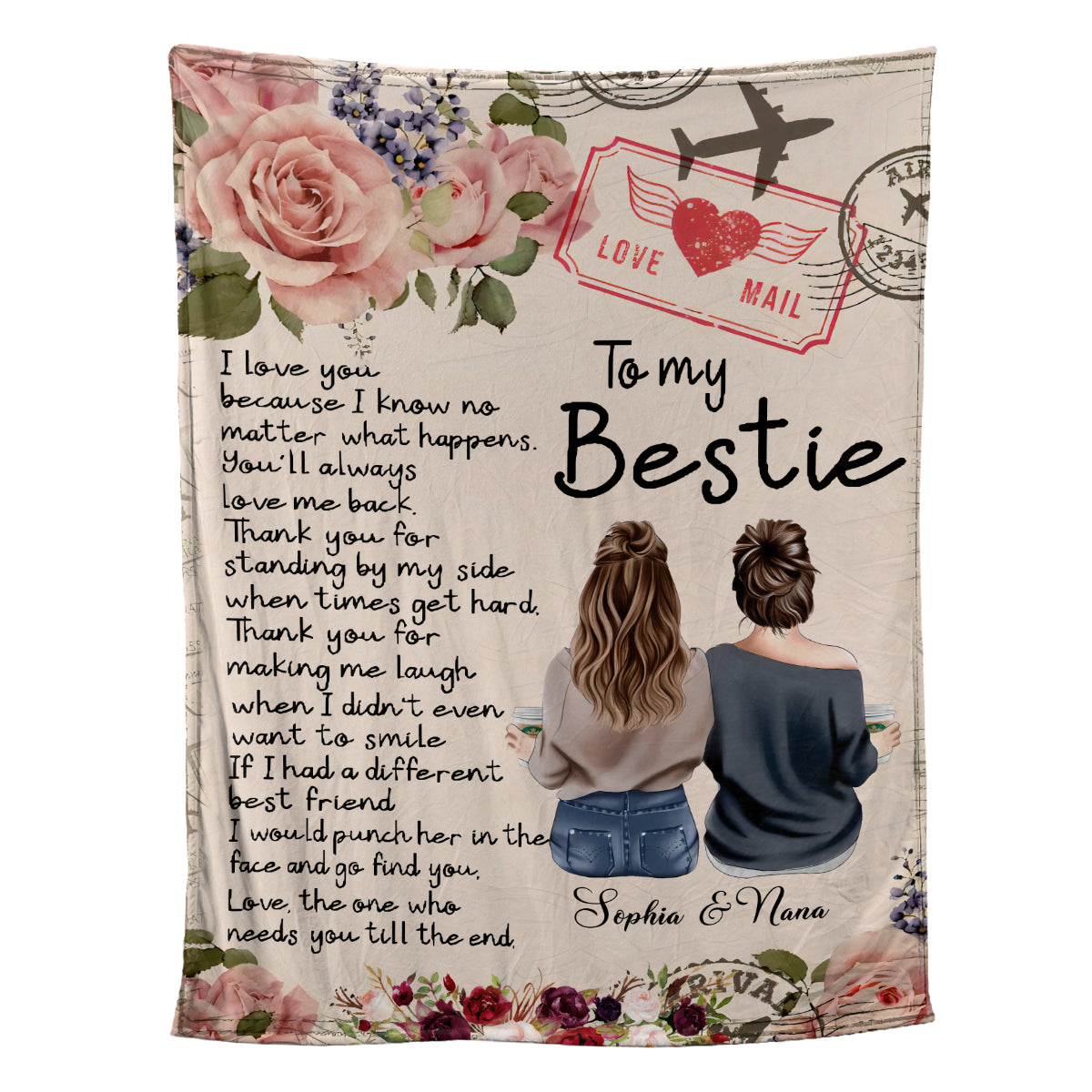 Petthouse | Customized To My Bestie Fleece Blanket, Best Friend Throw Blanket, Floral Cozy Blanket, Soulmate Travel