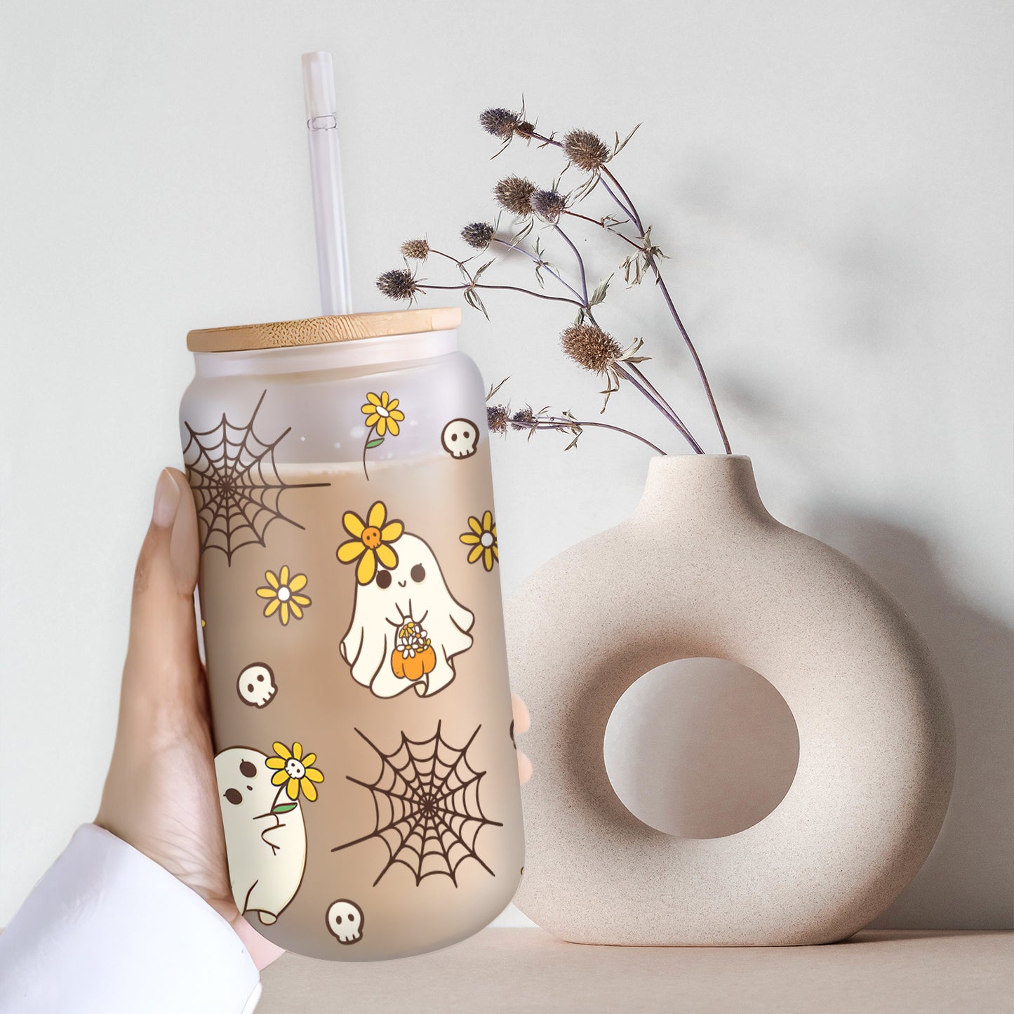 Petthouse | Halloween Ghost Cute Glass Can, Ghost Spooky Vibes Glass Can, Spooky Cute Glass Tumbler Cup Wrap