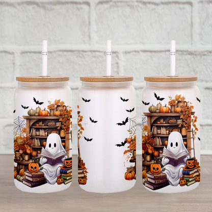 Petthouse | Cute Ghost Reading Book Glass Can, Ghostly Bookish Cup, Housewarming Party, Halloween Book