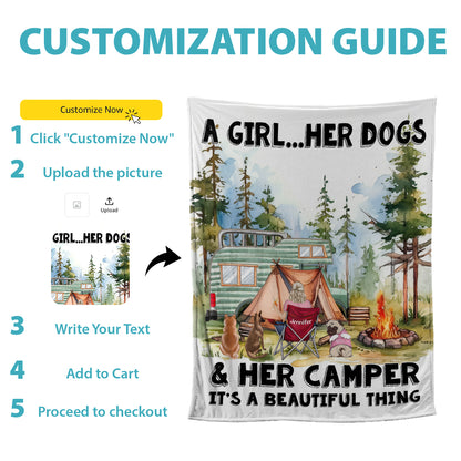 Petthouse | Personalized Girl And Her Dogs Throw Blanket, Camping Background Travel Blanket, Camping Lover Blanket