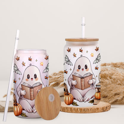 Petthouse | Bookish Ghost Glass Can, Ghost Halloween Glass, Ghost Cute Book Iced Coffee Cup, Cute Reader