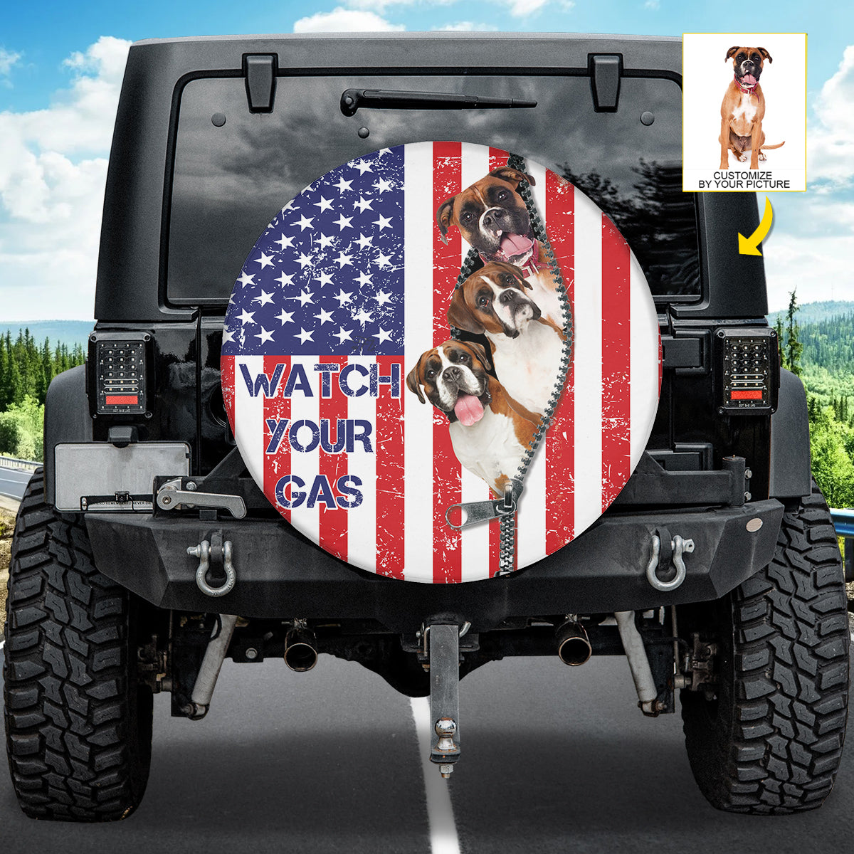 Petthouse | Personalzied Spare Tire Covers Boxer Watch Your Gas Tire Cover For Car American Flag Patriot