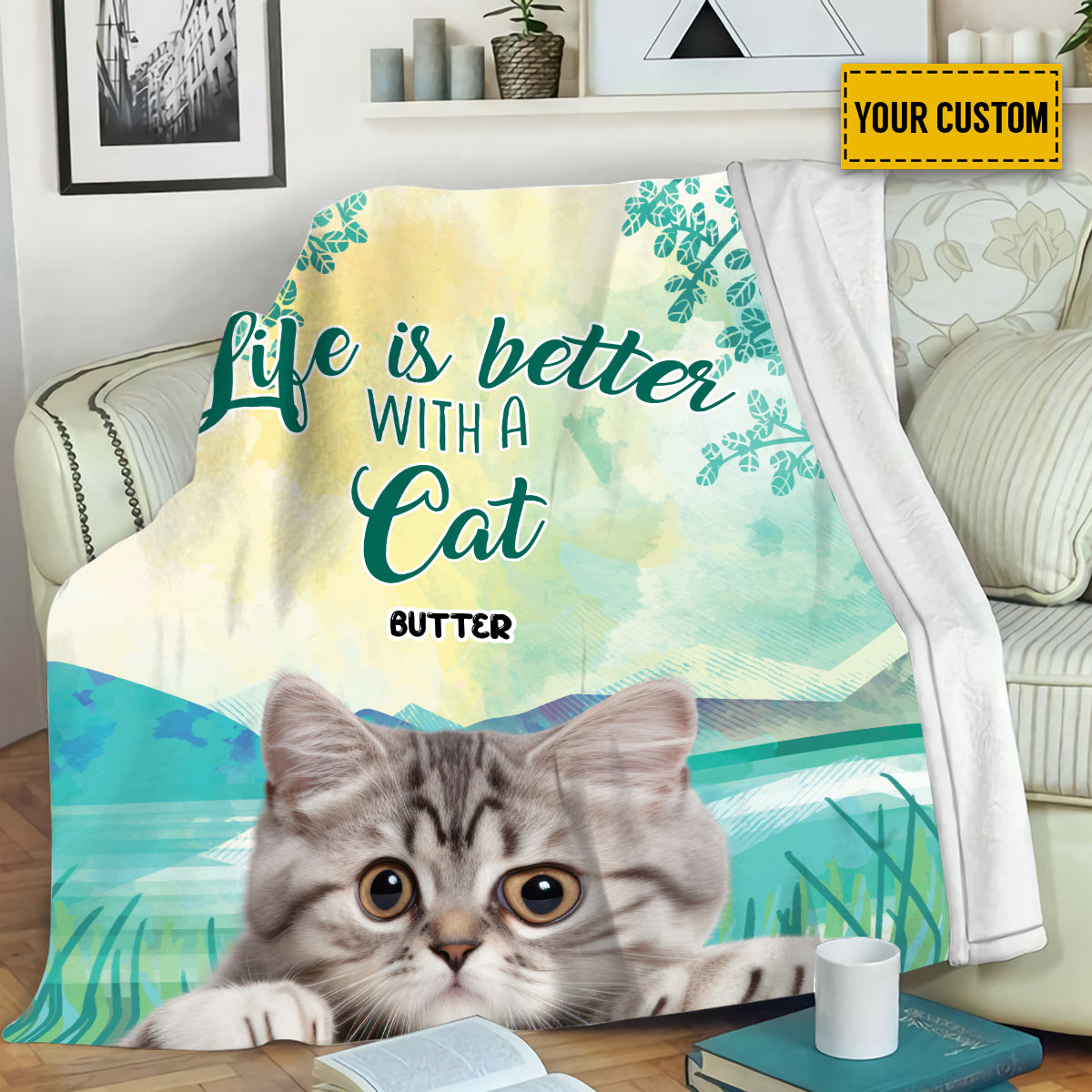 Petthouse | Personalized Cat Collage Fleece Blanket, Life Is Better With A Cat Throw Blanket, Positive Encourage