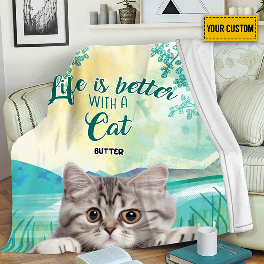 Petthouse | Personalized Cat Collage Fleece Blanket, Life Is Better With A Cat Throw Blanket, Positive Encourage