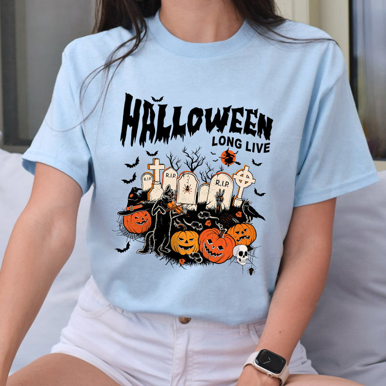 Petthouse | Long Live Halloween T-shirt, Spooky Vibes Shirt, Cat Playing Violin Halloween Vibes Shirt