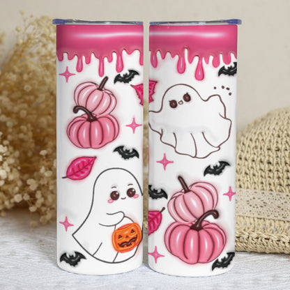 Petthouse | Spooky Vibes 3d Inflated Effect Skinny Tumbler, Ghost Puff Pink Halloween Ghost Pumpkin