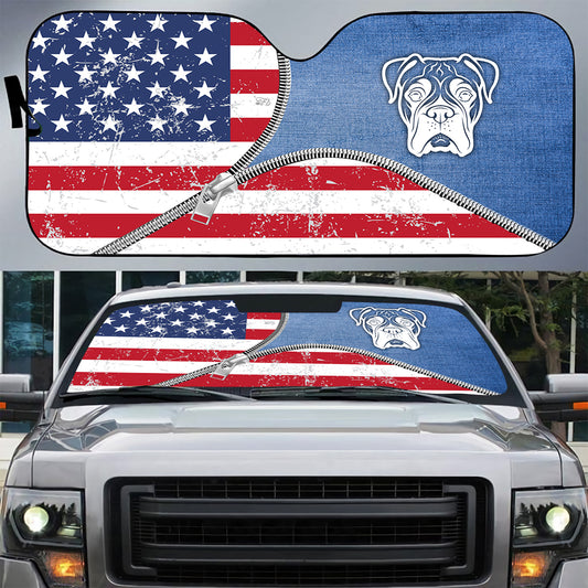 Petthouse | Boxer Dog Denim American Car Sunshade Windshield Sun Shade American Flag Car Sun Shade Windshield